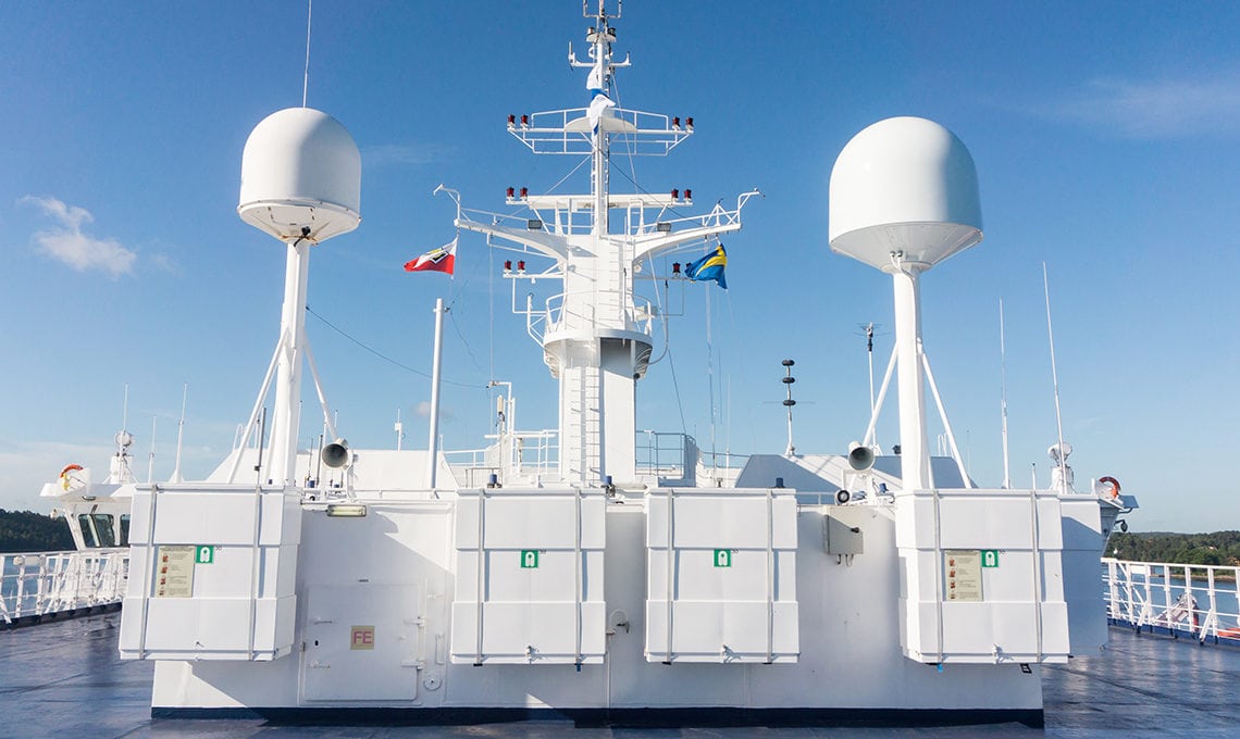 Sattelite communication antenna and navigation system on the deck of ship